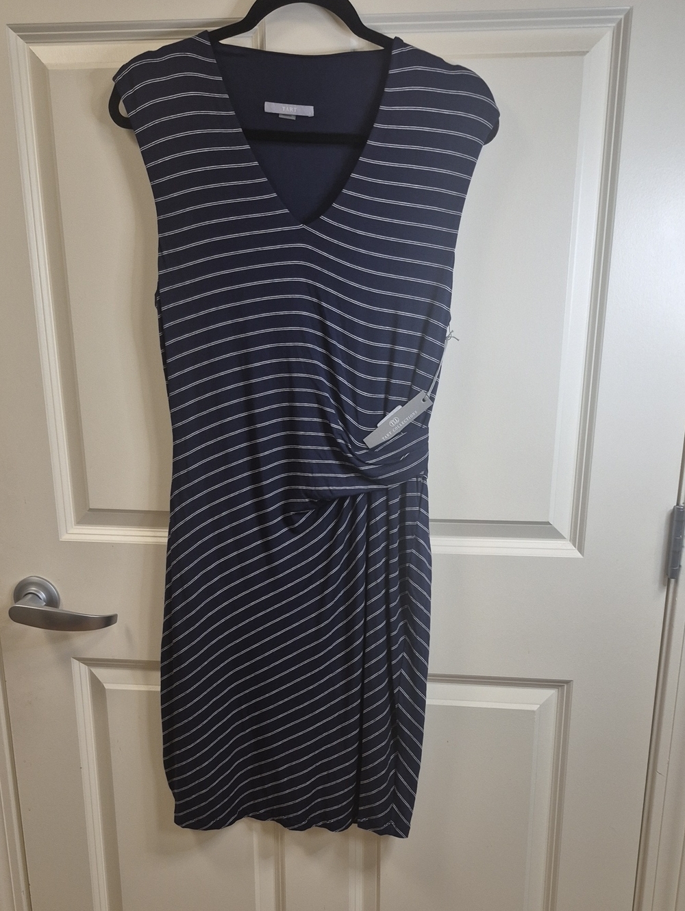 Tart Collections Navy & White Stripe V-Neck Midi Dress with Twist Waist
